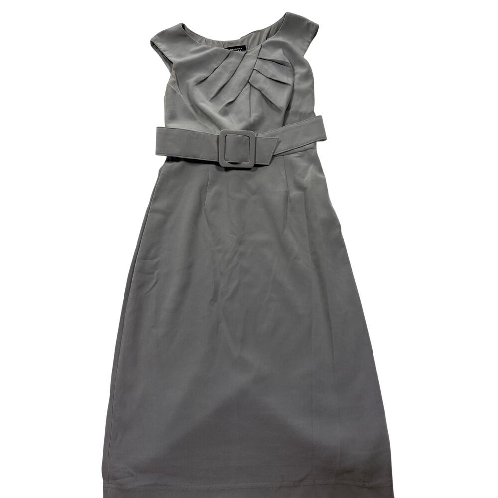 Adrianna Papell Collection Gray Belted Sheath Dress Pleated Neck Size 0